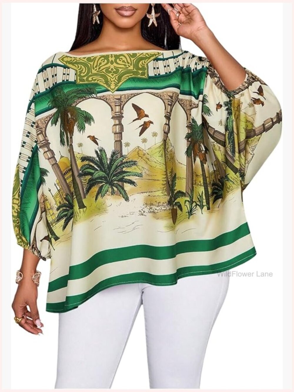 Off The Shoulder Dolman Sleeve Blouse Tropical Print Beach Top